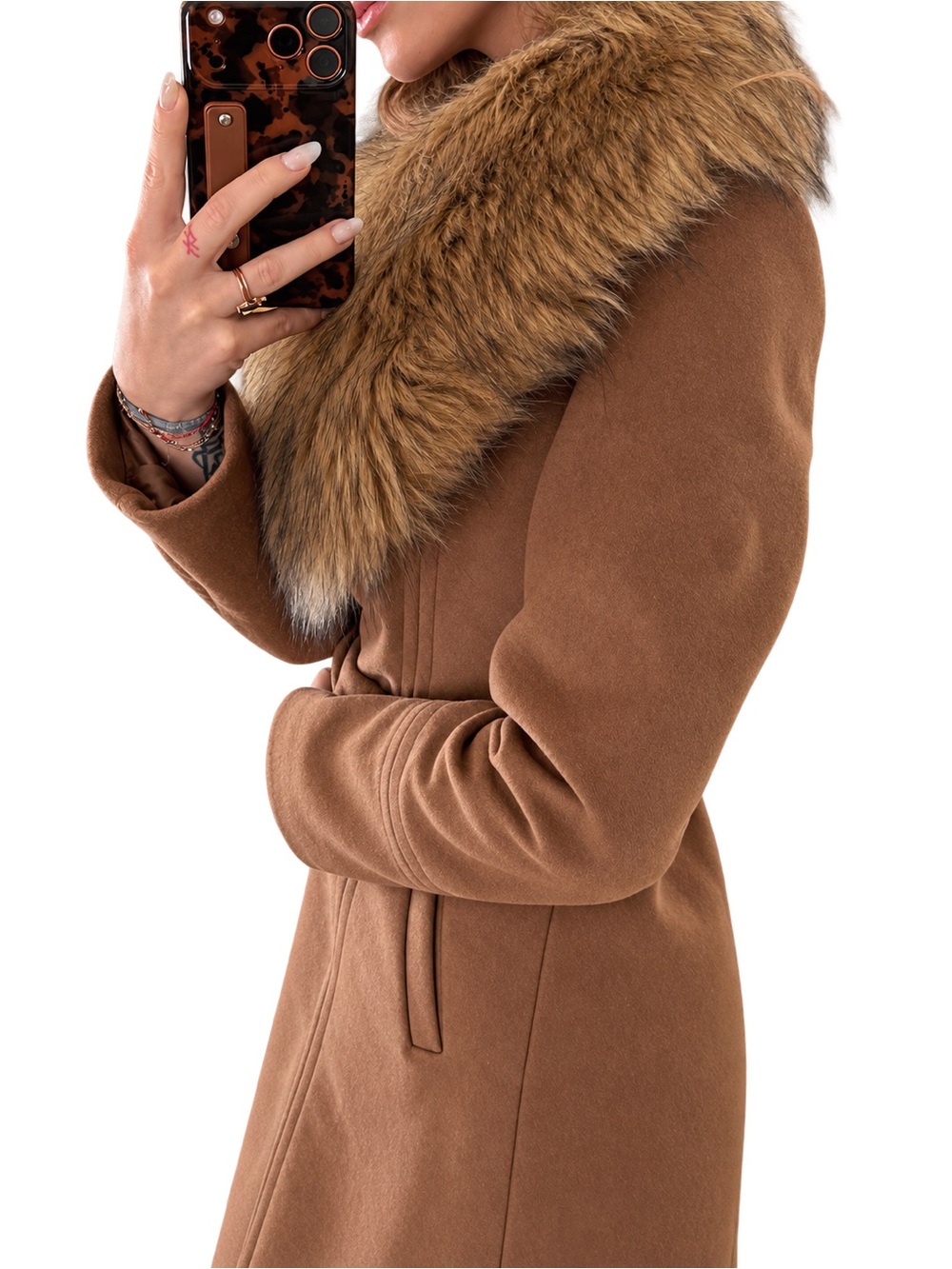 RARE!! Karl Lagerfeld Brown Wool Trench Coat with Faux Fur Collar - Picture 2 of 10